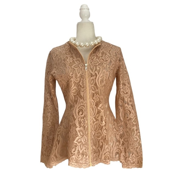 Josie Natori Lacquer Nude Lace Top NWT Zip front Semi Sheer Peplum - Picture 11 of 13